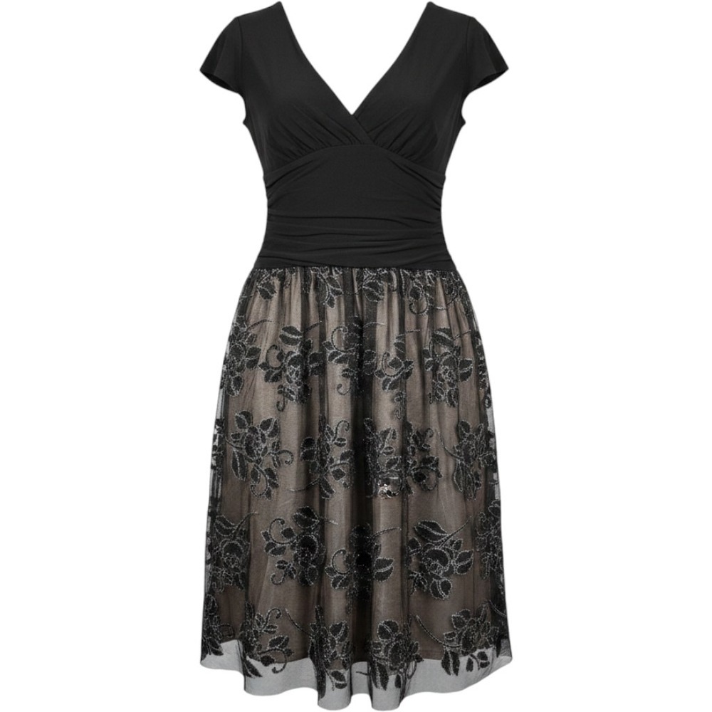 SLNY Women Black Glitter Floral Mesh A-Line Cocktail Dress 14 9133118 NEW